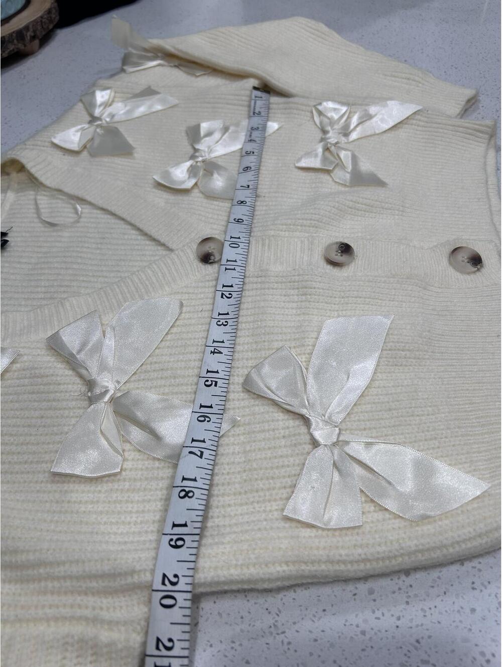 Debut Cream Button-Down Cardigan - Ribbon Bow Accents - Size S/M - Cottagecore - Picture 6 of 8